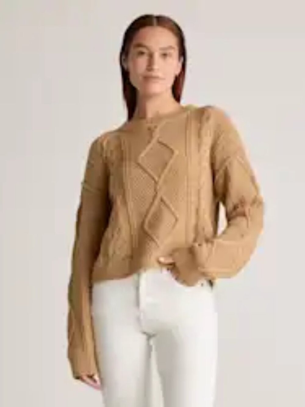 Quince 100% Organic Cotton Cropped Cable Crew Sweater Camel Size Medium